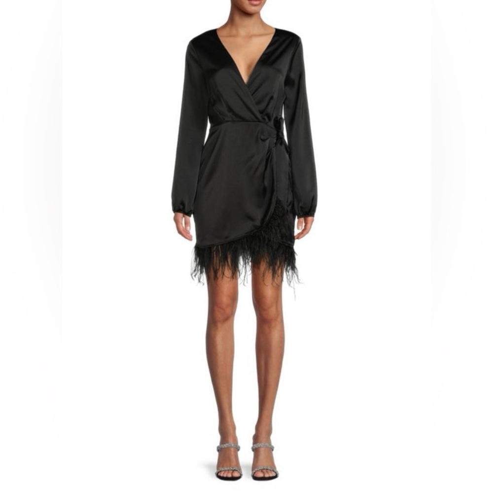 NWT WAYF black feather trim faux wrap mini dress - M